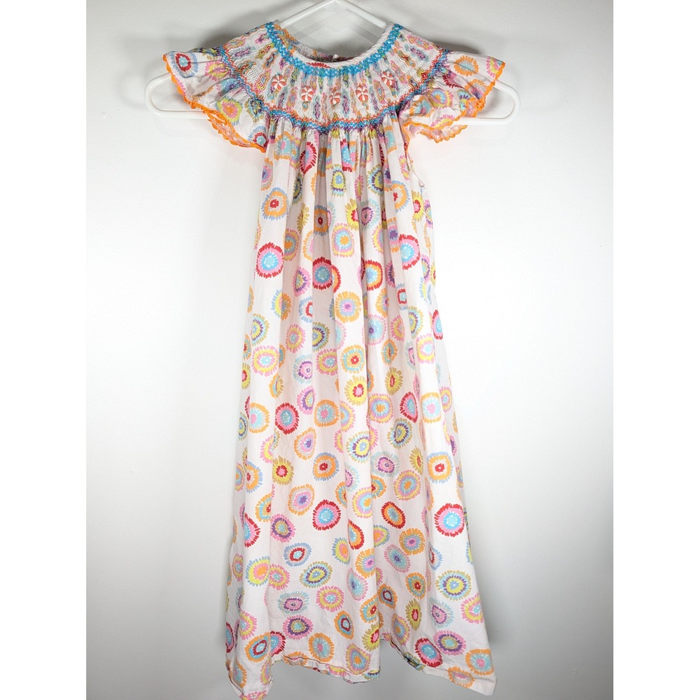Mom & Me Girls 6X Smocked Floral Medallion Cotton Flutter Sleeve Dress Multi